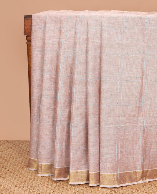 Brown checked jute cotton saree, zari border, and striped pallu