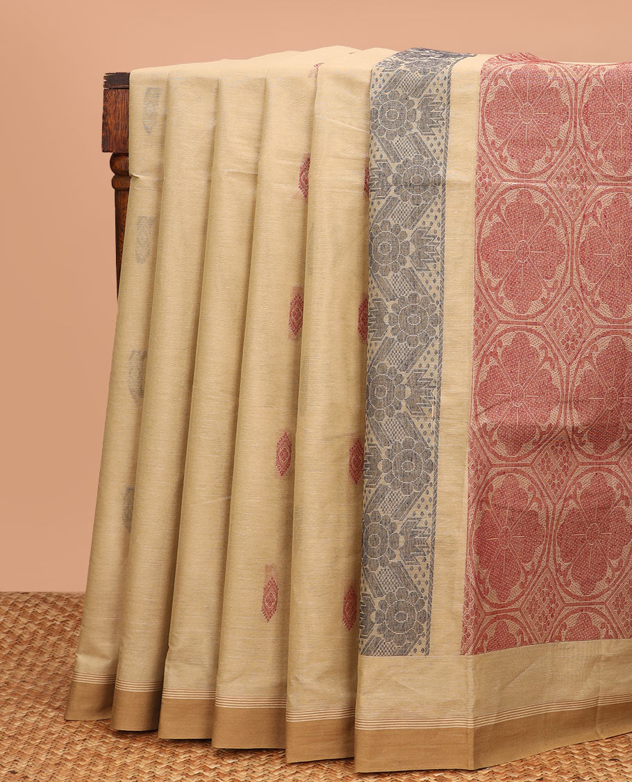 Light Sandal buttas Kanchi cotton saree, contrast plain border, and pallu of ogee patterns