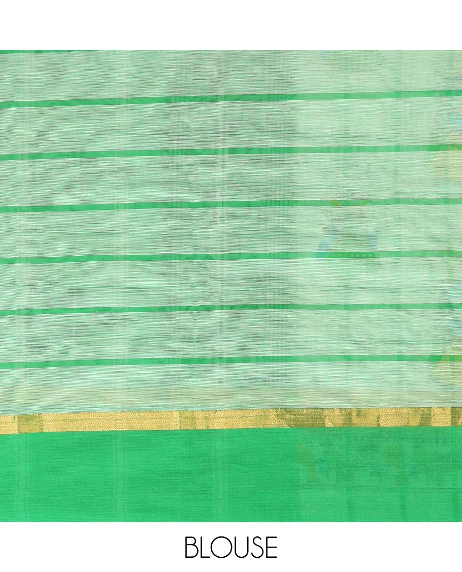 Cream checked with Snow white doll motifs printed Chirala cotton saree, contrast printed border, and paithani style printed pallu