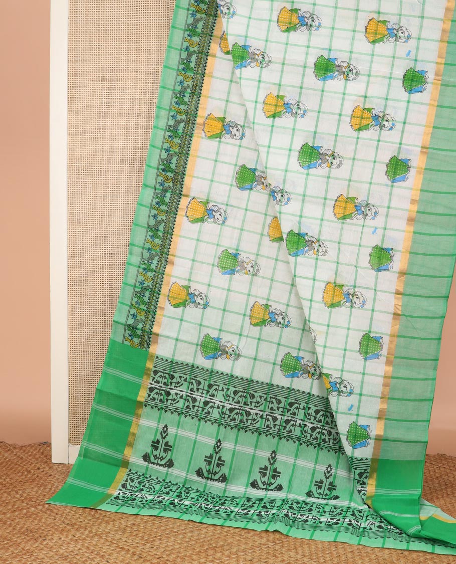 Cream checked with Snow white doll motifs printed Chirala cotton saree, contrast printed border, and paithani style printed pallu