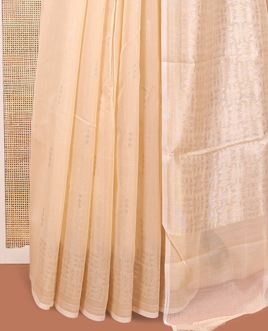 Sandal Semi-Silk Cotton Saree, Sparsely Woven with Buttas All Over Its Body, Highlighted by a Zari Border of Geometric Designs, Pallu of Geometric Designs, and Paired with a Matching Blouse