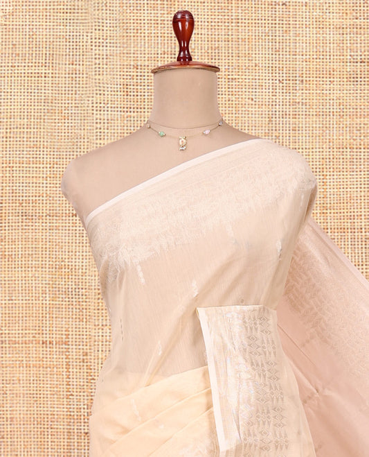 Sandal Semi-Silk Cotton Saree, Sparsely Woven with Buttas All Over Its Body, Highlighted by a Zari Border of Geometric Designs, Pallu of Geometric Designs, and Paired with a Matching Blouse