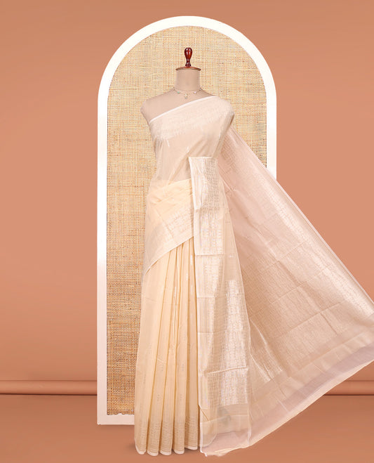 Sandal Semi-Silk Cotton Saree, Sparsely Woven with Buttas All Over Its Body, Highlighted by a Zari Border of Geometric Designs, Pallu of Geometric Designs, and Paired with a Matching Blouse