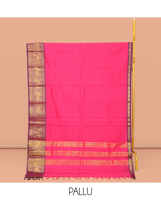 Pink Plain Chettinad Cotton Saree, Complemented by a Contrast Traditional Zari Design Border of Peacocks, Gleaming Zari Striped Pallu, and Paired with a Matching Blouse