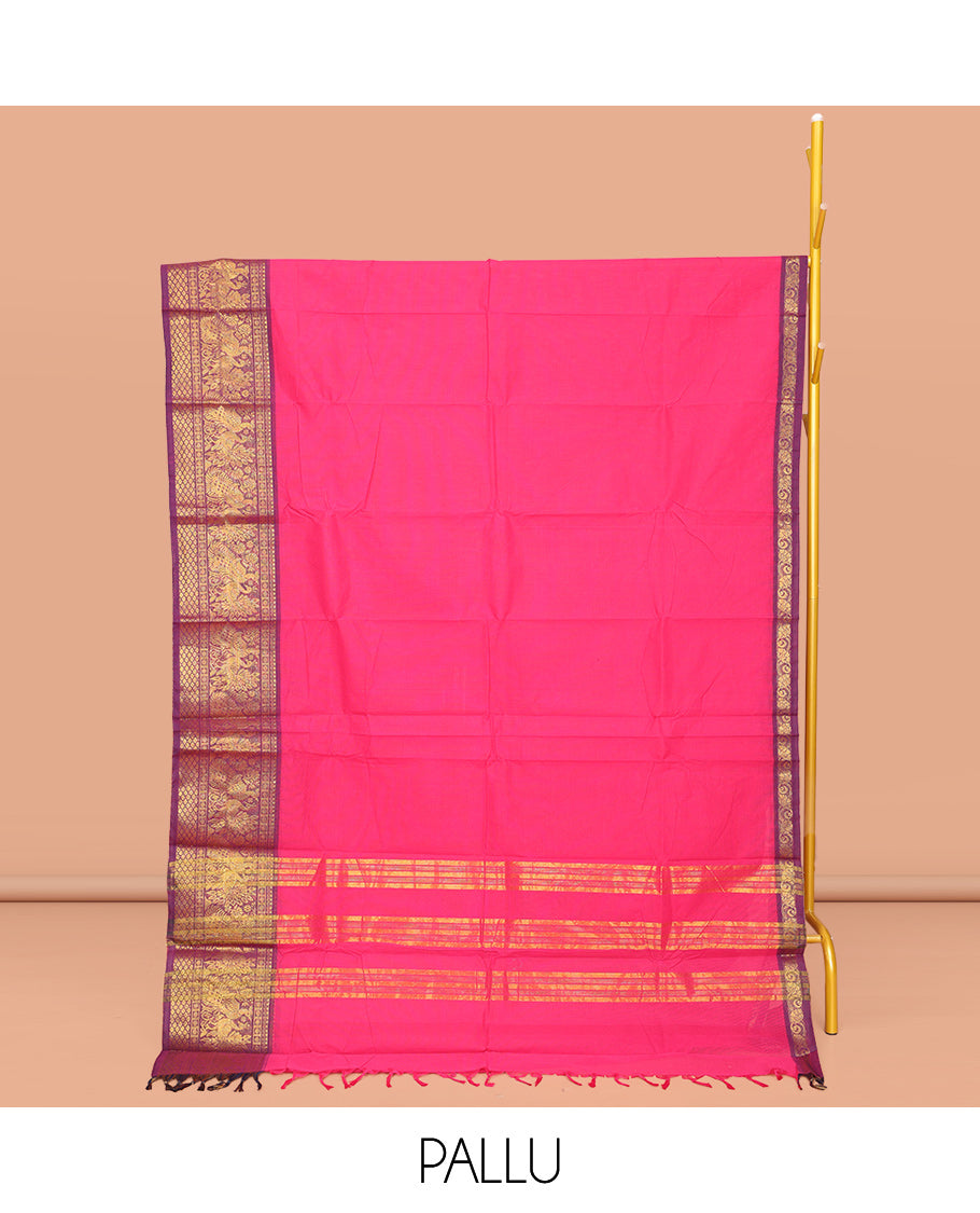 Pink Plain Chettinad Cotton Saree, Complemented by a Contrast Traditional Zari Design Border of Peacocks, Gleaming Zari Striped Pallu, and Paired with a Matching Blouse