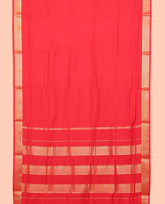 Red Plain Nine Yard Cotton Saree, Highlighted by Traditional Zari Border of Ara Maadam Designs, Pallu of Ara Maadam Designs, and Comes Without a Blouse