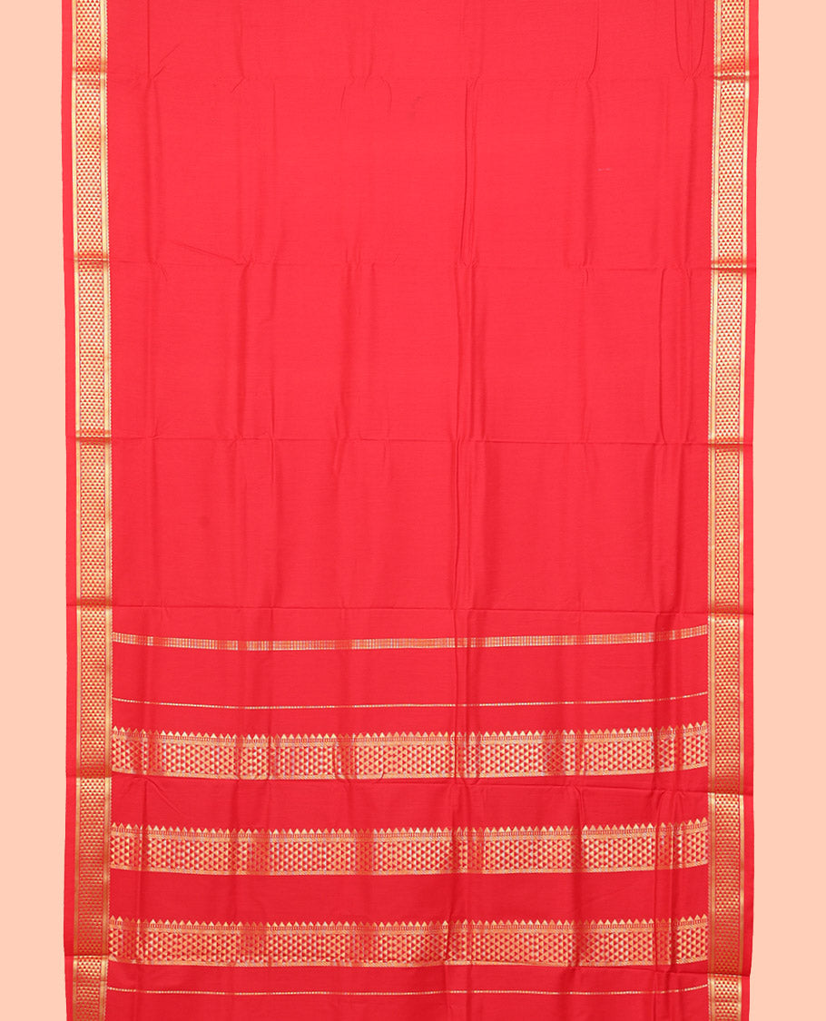 Red Plain Nine Yard Cotton Saree, Highlighted by Traditional Zari Border of Ara Maadam Designs, Pallu of Ara Maadam Designs, and Comes Without a Blouse