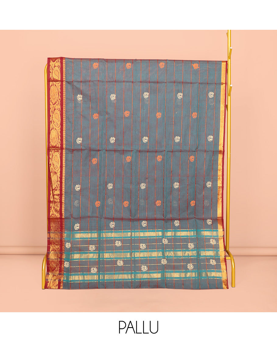 Blue Venkatagiri Cotton Saree, Embellished with Peacock Buttas and Stripes, a Contrast Peacock Zari Border, Pallu of Buttas and Stripes, and No Blouse