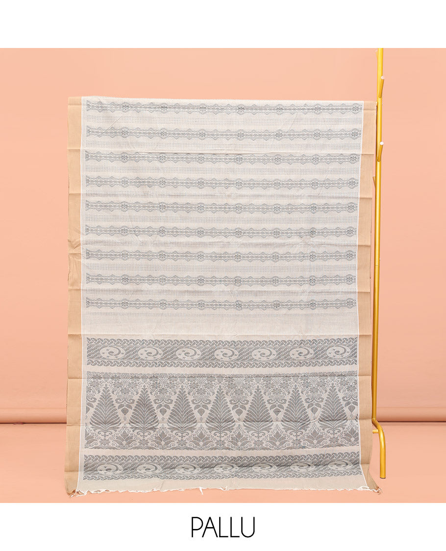 Off-white Kanchi Cotton Saree, Elevated with Geometric Patterns All Over Its Body, Complemented by Contrast Border, Intricately Designed Pallu, and Paired with a Matching Blouse