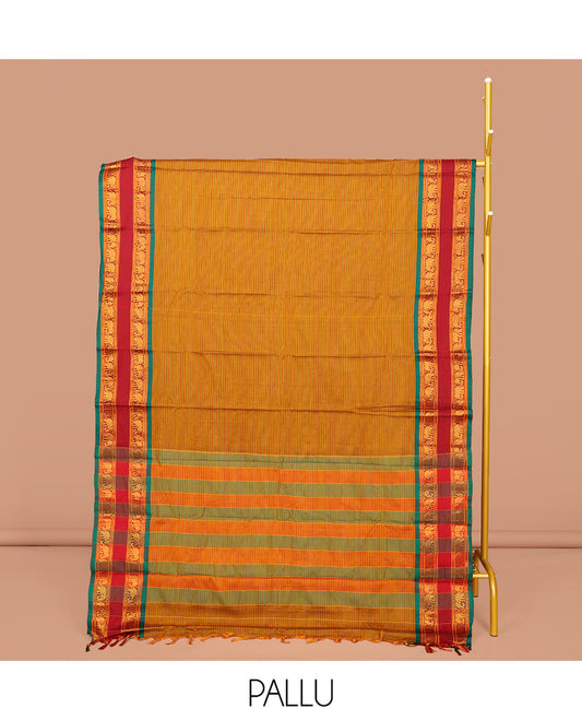 Orange Striped Narayanpet Cotton Saree, Complemented by a Contrast Traditional Design Rettai Pettu Border, Striped Pallu, and Comes Without a Blouse