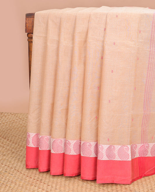 Light brown floral motifs bengal cotton saree with contrast paisley design border & striped, floral motifs pallu