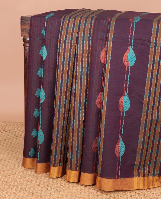 Brown all-over floral design coimbatore cotton saree with contrast striped border