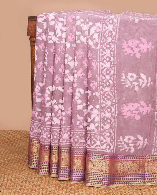 Purple tie and die style floral design chanderi cotton saree with self zari design border & striped, floral design pallu