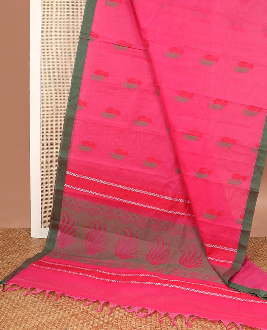 Pink floral motifs kanchi cotton saree with contrast zari border & floral design pallu