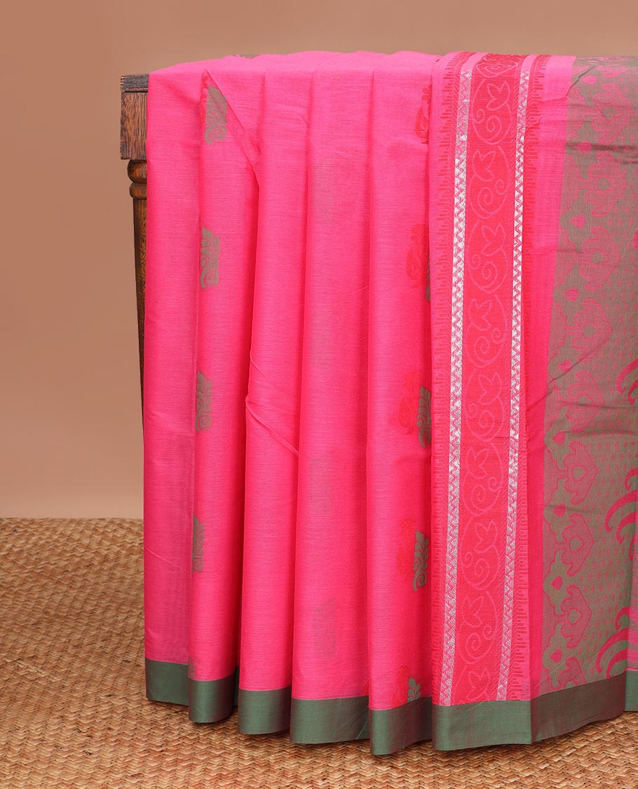 Pink floral motifs kanchi cotton saree with contrast zari border & floral design pallu