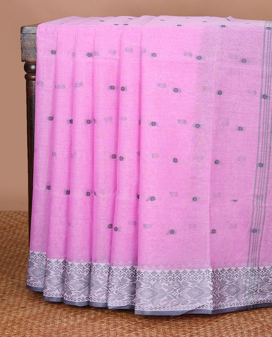 Pink motifs bengal cotton saree with contrast floral design border & striped, floral motifs pallu