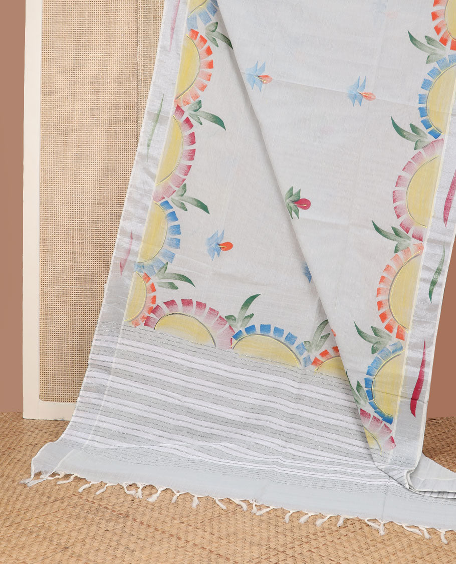 Half-white hand-brushing-style uniquely printed jute cotton saree, zari & printed border & striped pallu