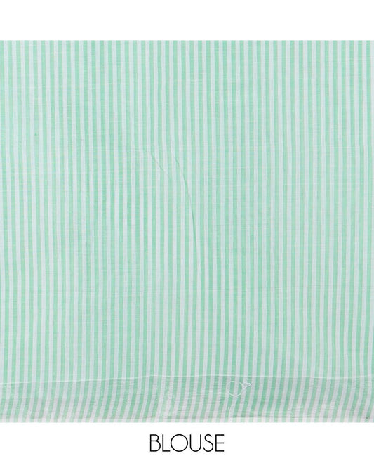 Green and white striped jute cotton saree, striped border and striped pallu