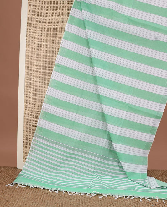 Green and white striped jute cotton saree, striped border and striped pallu