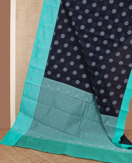 Navy blue five-petal floral buttas semi-silk cotton saree, contrast traditional design border & jaal pallu
