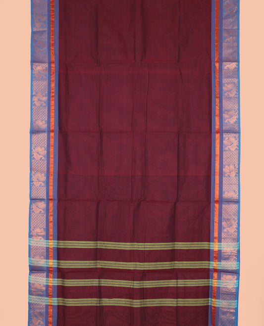 Maroon plain design nine-yard cotton saree, contrast traditional zari border, and pallu of stripes