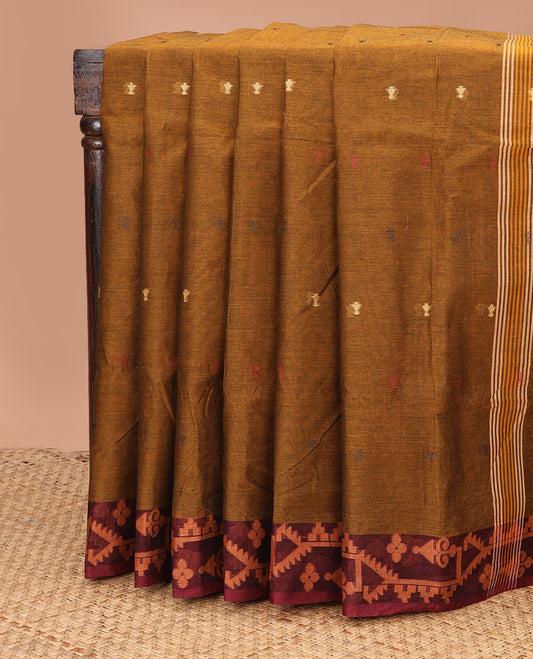 Russet brown thread buttas woven Bengal cotton saree, contrast patola style border, and pallu of stripes