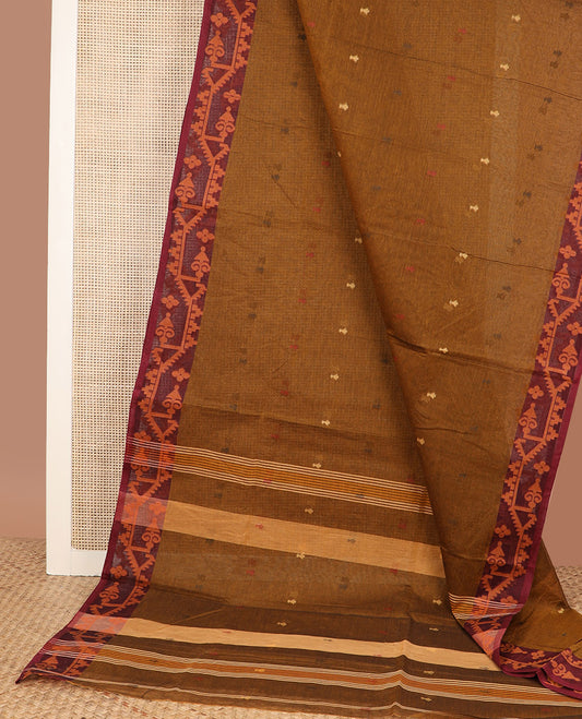 Russet brown thread buttas woven Bengal cotton saree, contrast patola style border, and pallu of stripes