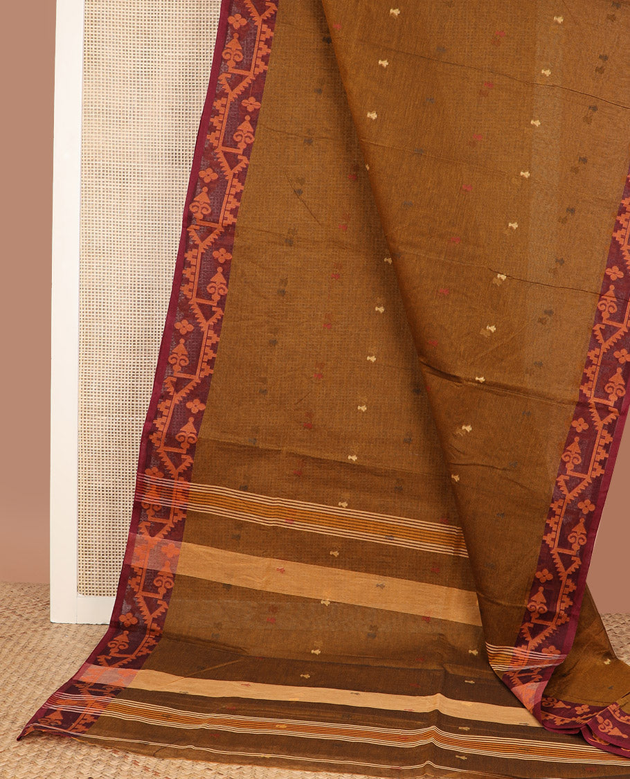 Russet brown thread buttas woven Bengal cotton saree, contrast patola style border, and pallu of stripes