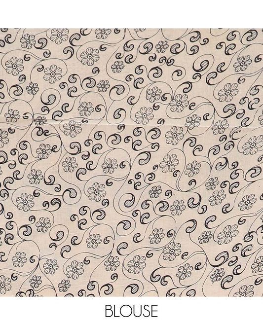 Teal blue floral vine machine printed kalamkari cotton saree, contrast floral-peacock border, and pallu of peacocks print