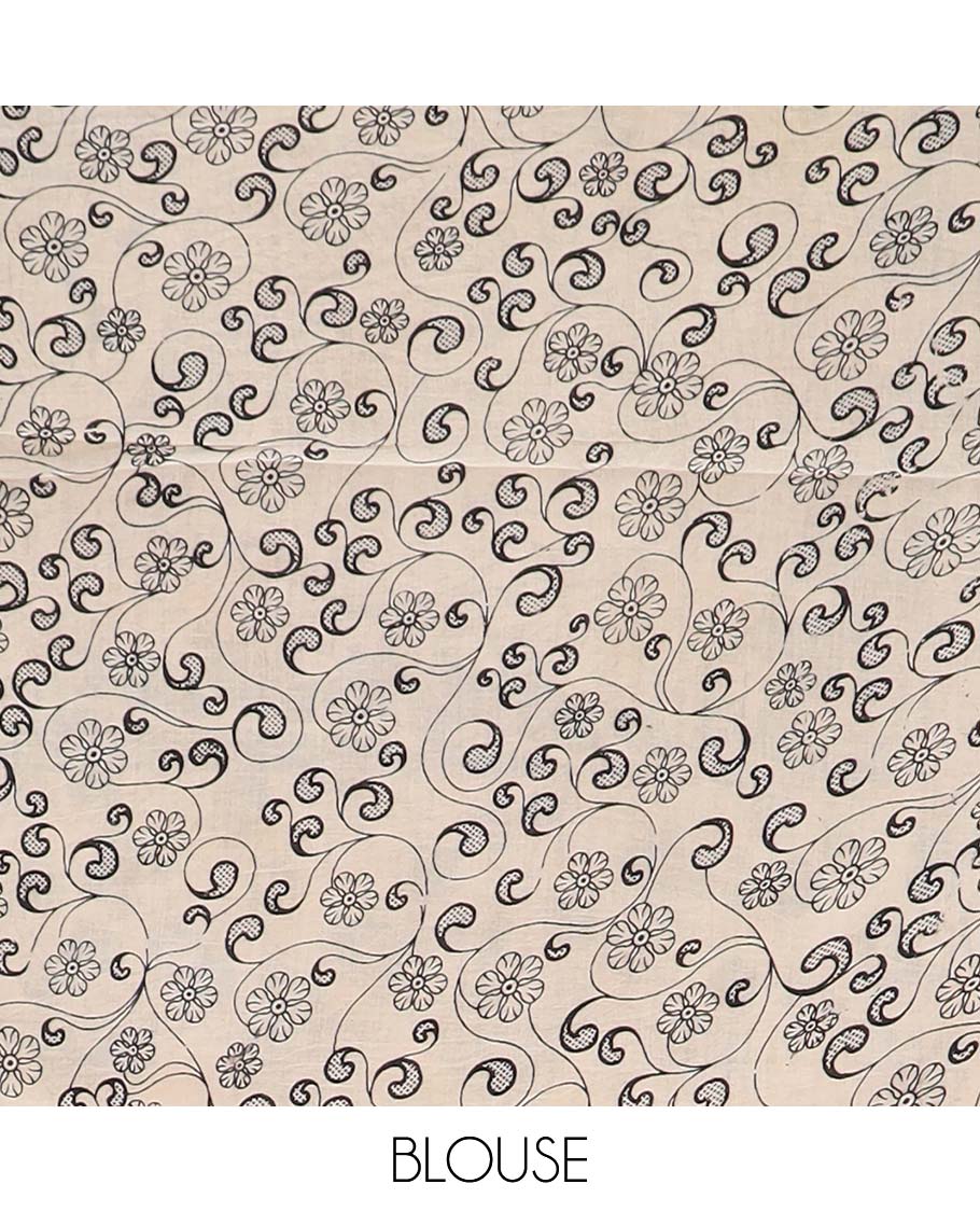 Teal blue floral vine machine printed kalamkari cotton saree, contrast floral-peacock border, and pallu of peacocks print