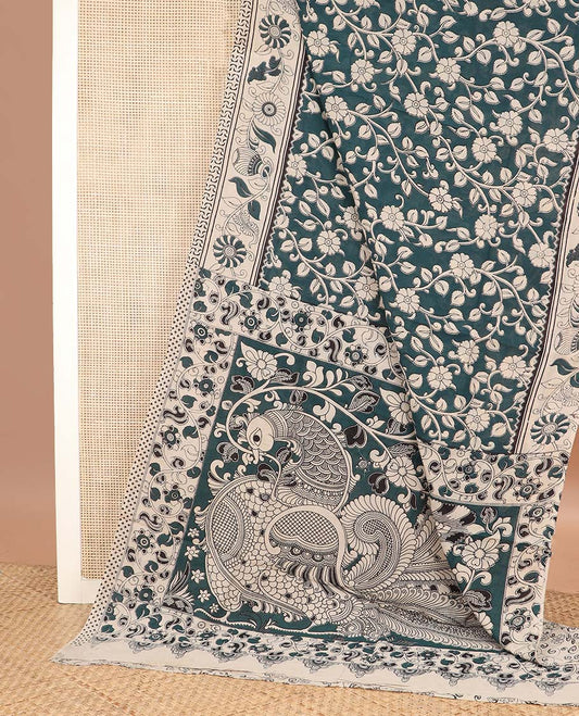 Teal blue floral vine machine printed kalamkari cotton saree, contrast floral-peacock border, and pallu of peacocks print