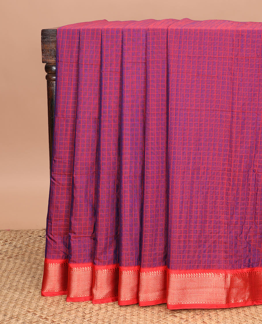 Purple micro checked chirala cotton saree, contrast traditional zari border, and zari design pallu