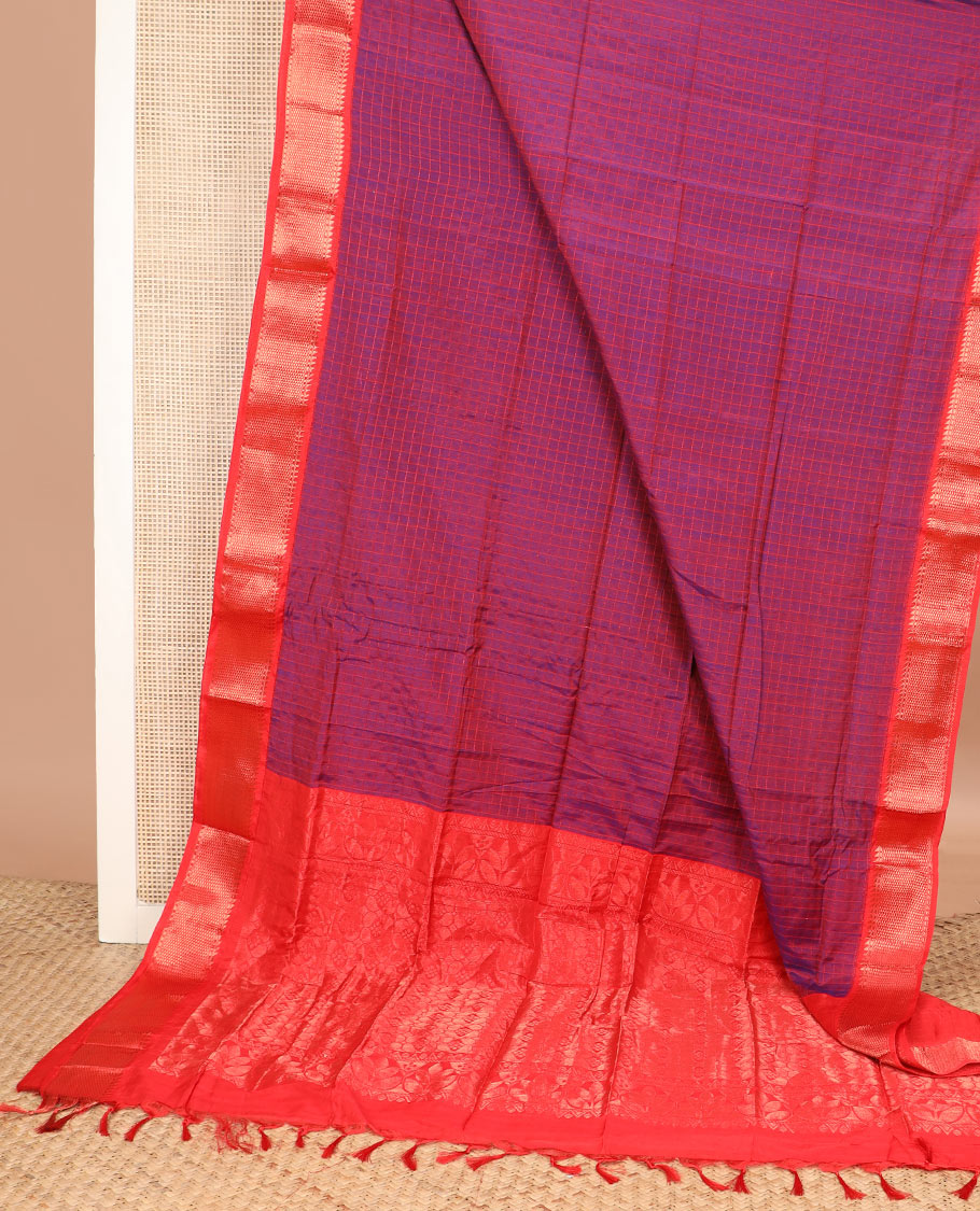 Purple micro checked chirala cotton saree, contrast traditional zari border, and zari design pallu