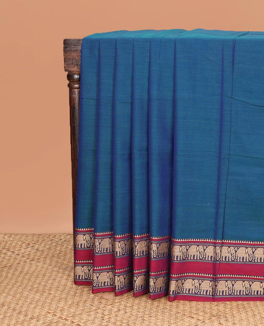 Blue plain Narayanapet cotton saree, contrast temple traditional border, and multi-hued striped pallu