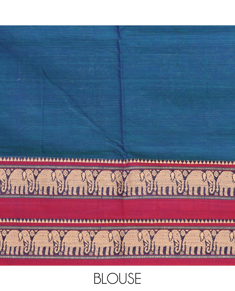 Blue plain Narayanapet cotton saree, contrast temple traditional border, and multi-hued striped pallu