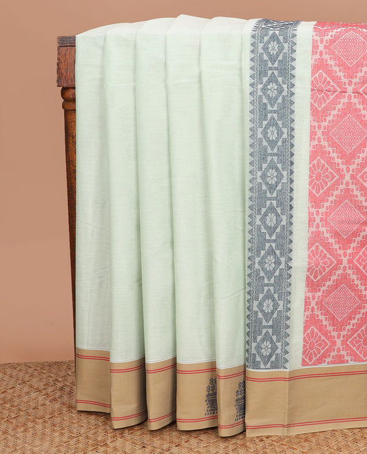 Pastel green diamond buttas Kanchi cotton saree, contrast unique design border, and jaal pallu