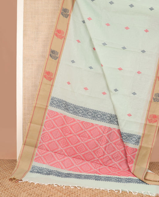 Pastel green diamond buttas Kanchi cotton saree, contrast unique design border, and jaal pallu