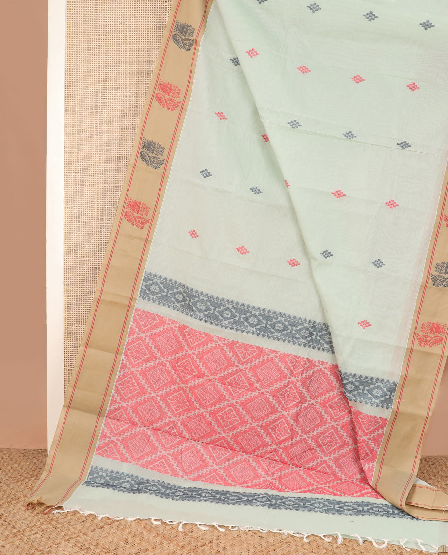 Pastel green diamond buttas Kanchi cotton saree, contrast unique design border, and jaal pallu