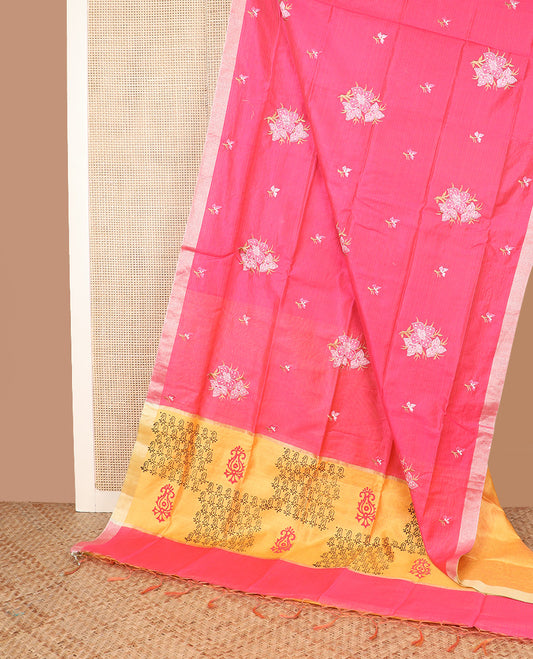 Dark pink floral embroidered chirala cotton saree, plain border, and contrast block printed pallu
