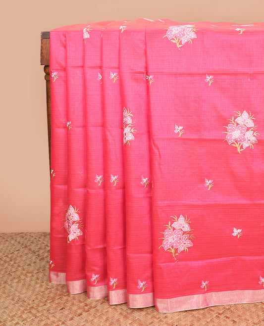 Dark pink floral embroidered chirala cotton saree, plain border, and contrast block printed pallu