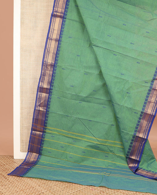 Green thread buttas Chettinad cotton saree, contrast traditional design border, and striped pallu