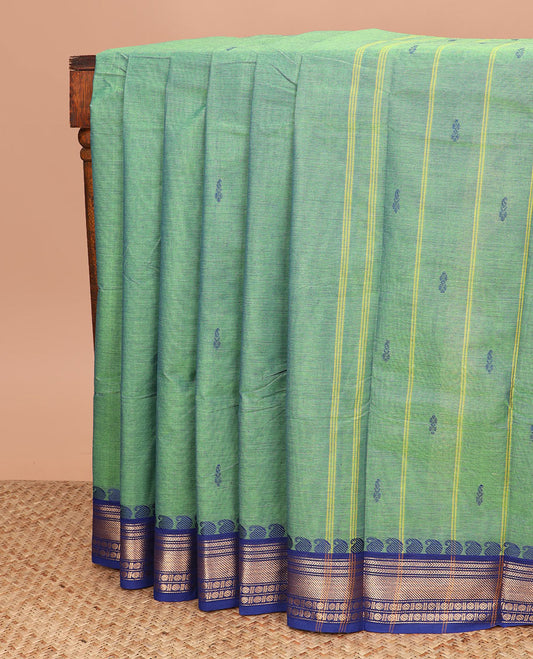 Green thread buttas Chettinad cotton saree, contrast traditional design border, and striped pallu