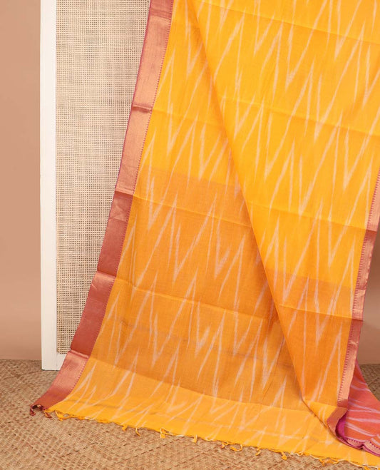 Orange striped Mangalagiri cotton saree, contrast traditional zari border, chevron striped pallu, and a contrast kalamkari floral printed blouse