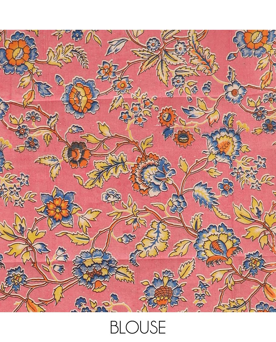 Orange striped Mangalagiri cotton saree, contrast traditional zari border, chevron striped pallu, and a contrast kalamkari floral printed blouse