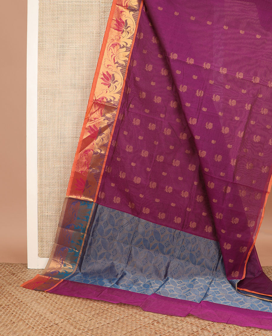 Purple zari buttas Venkatagiri cotton saree, contrast zari floral creeper border, and pallu of leaf designs
