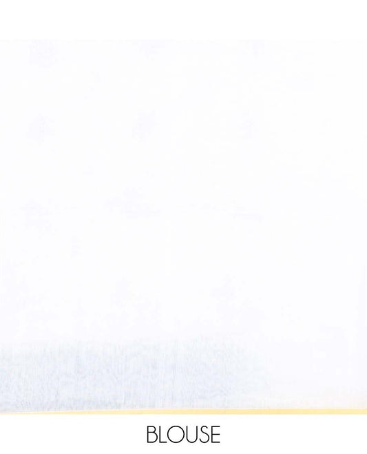 White and light green motifs printed linen cotton saree, contrast temple geometric patterns printed border, and pallu of human doll and geometric print