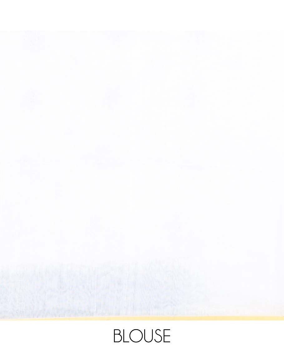 White and light green motifs printed linen cotton saree, contrast temple geometric patterns printed border, and pallu of human doll and geometric print