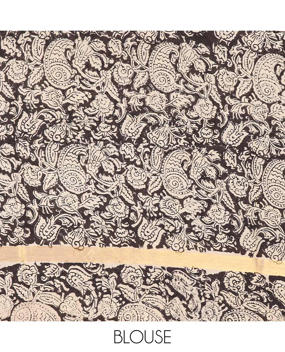 Sandal-base flora-fauna and Radha krishna motifs machine-printed Kalamkari cotton saree, paisleys printed zari border, and contrast kalamkari peacock printed pallu