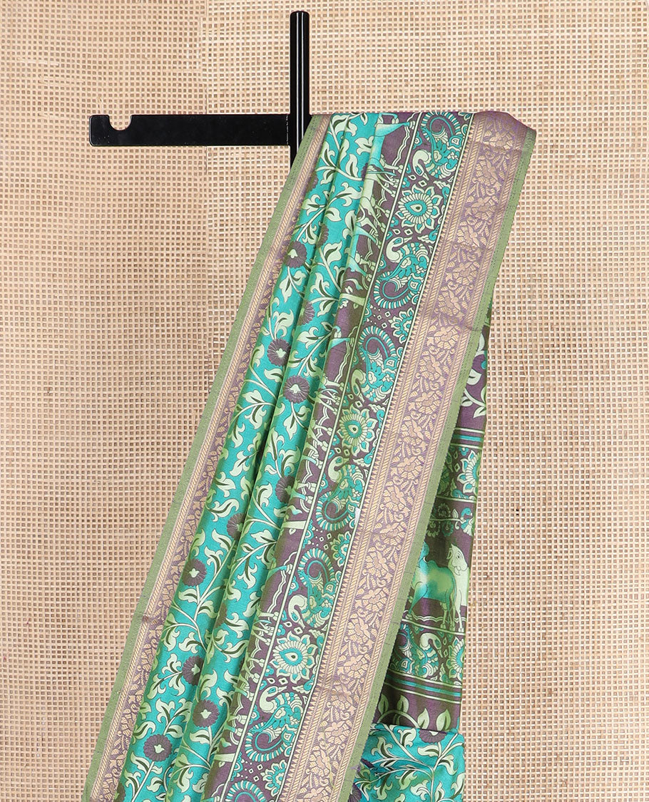 Blue floral vine patola silk saree, contrast traditional zari border and pallu of Pichwai cow and peacock motifs