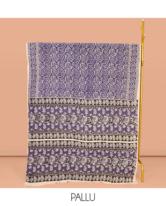 Grey Machine-Printed Kalamkari Cotton Saree, Ornamented with Batik Print on Its Body, Subtle Self-Printed Border, Pallu of Intricate Print, and Paired with a Printed Blouse
